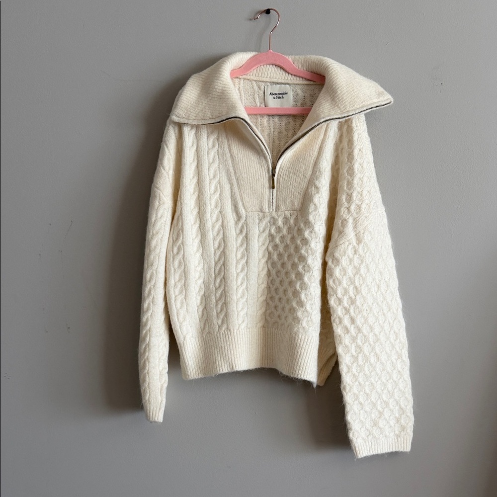 Abercrombie & Fitch Cream Cable-Knit Half-Zip Sweater